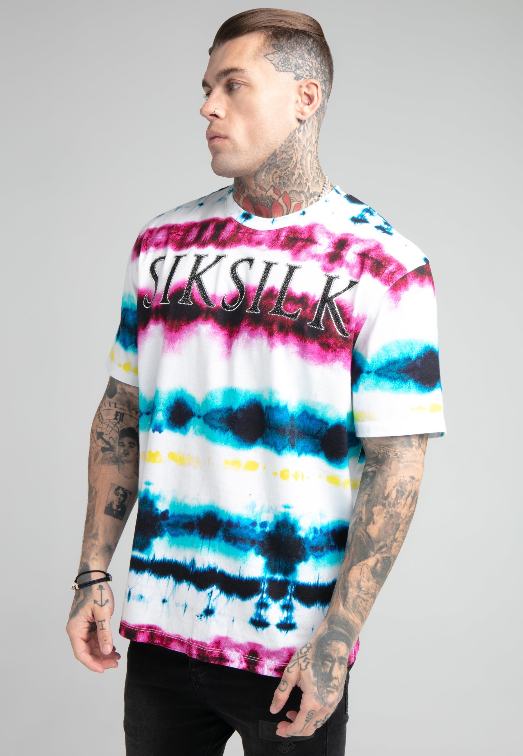 White Tie Dye Rhinestone Oversized T-Shirt sold by Siksilk