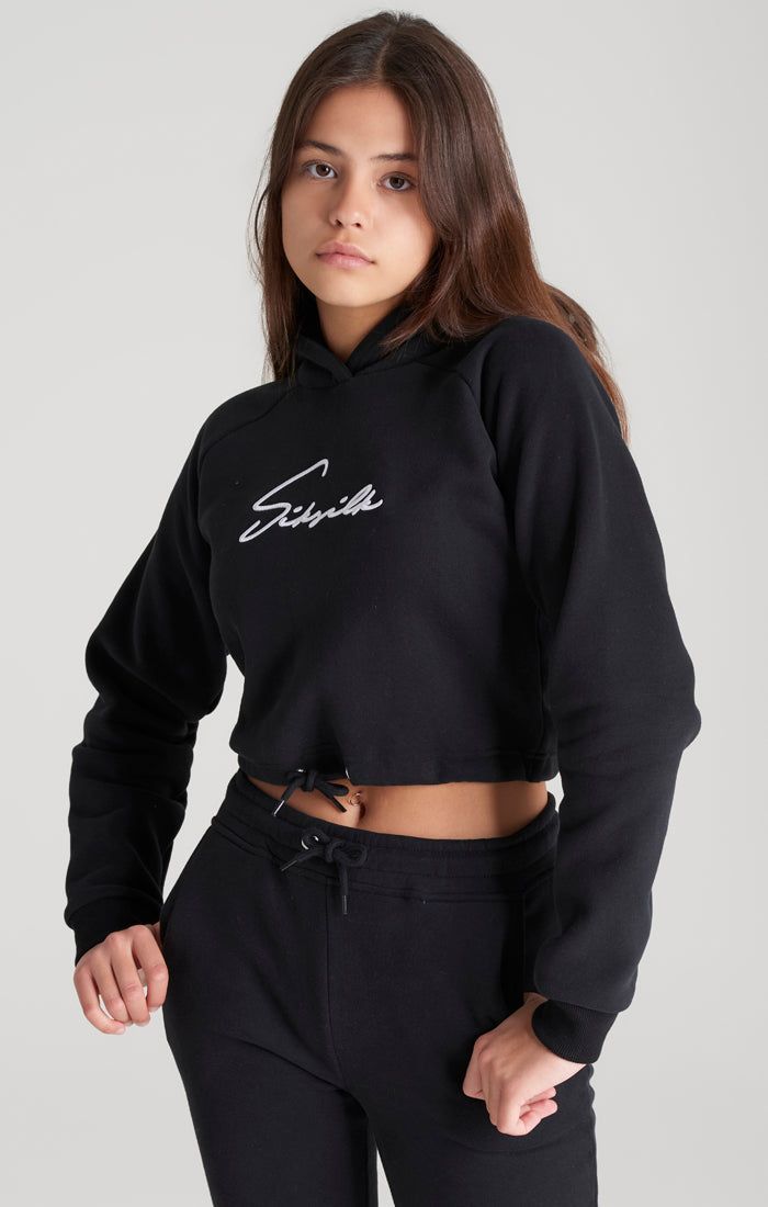 Girls Black Signature Cropped Hoodie sold by Siksilk