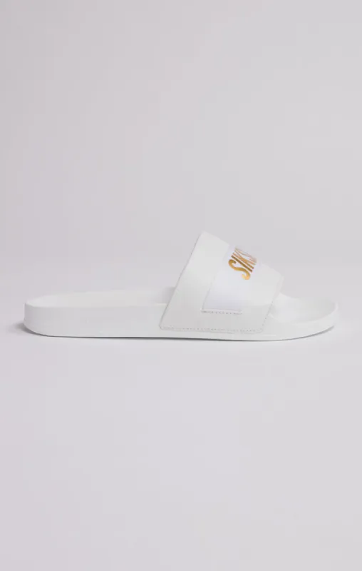 White Pool Slide With Gold Logo Strap sold by Siksilk