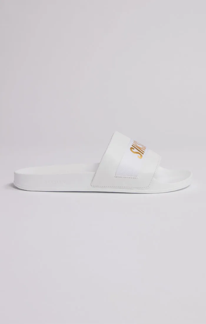 White Pool Slide With Gold Logo Strap sold by Siksilk