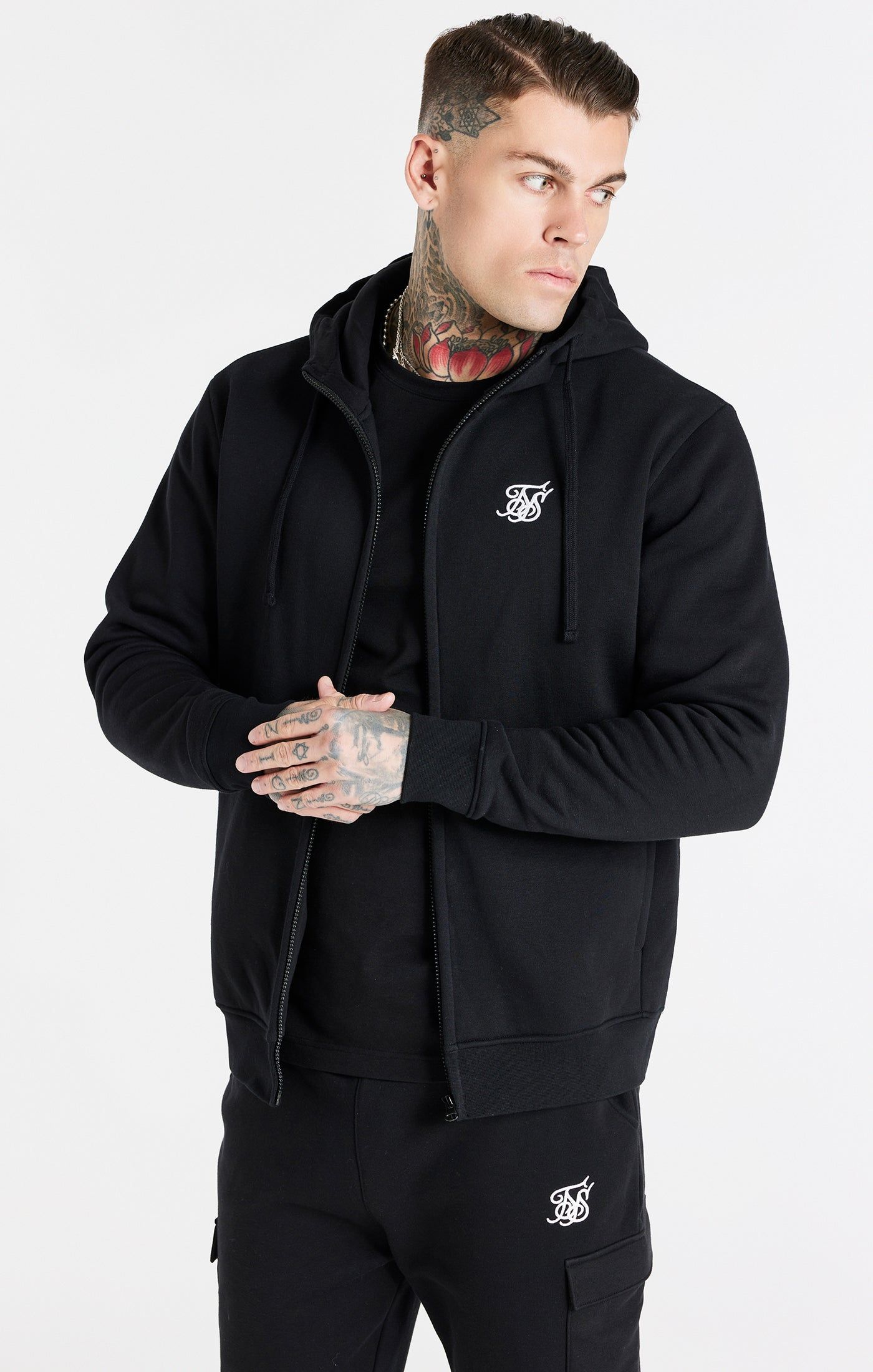 Black Essential Zip Through Funnel Hoodie sold by Siksilk