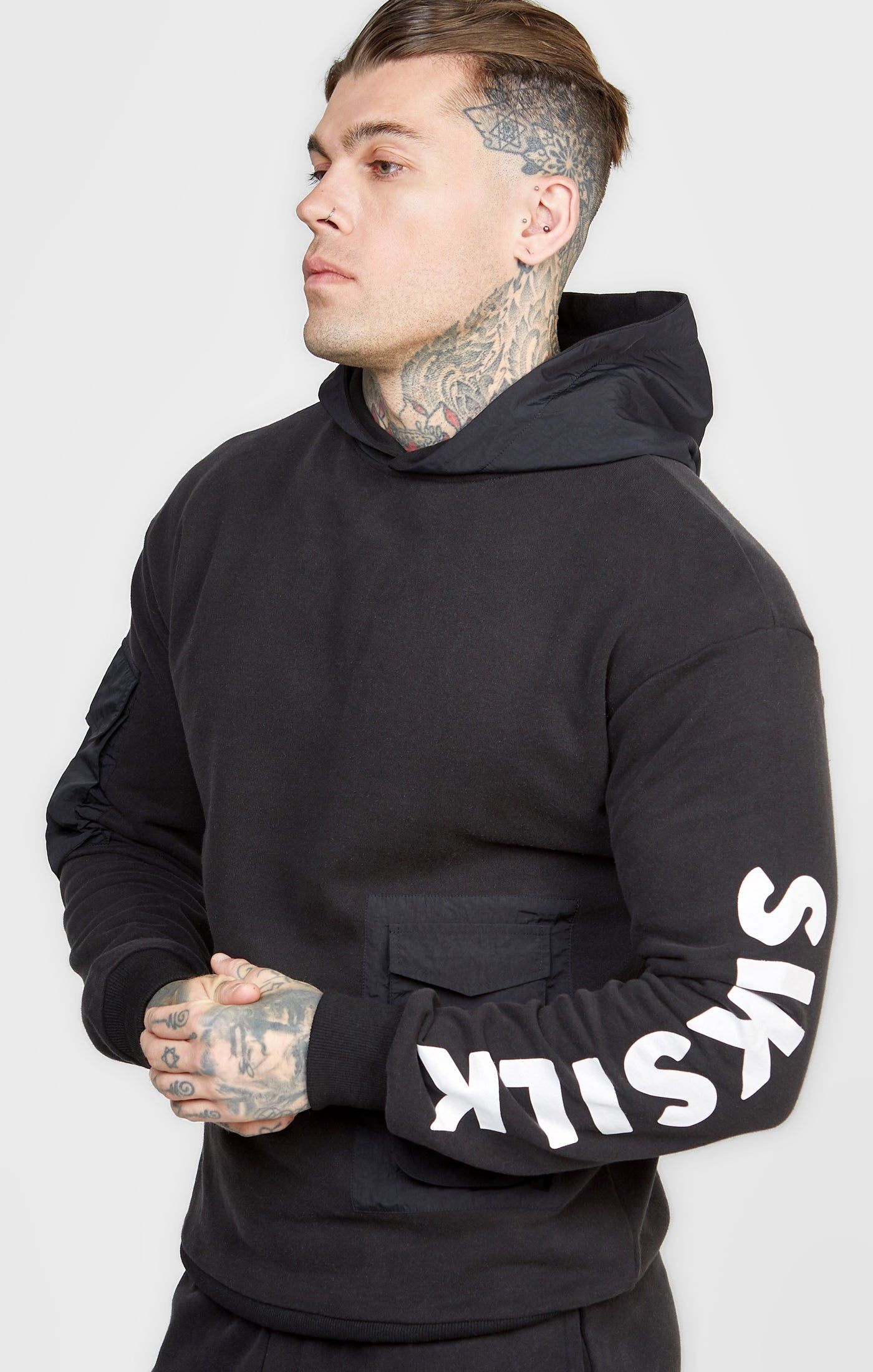 Black Contrast Pocket Oversized Hoodie sold by Siksilk