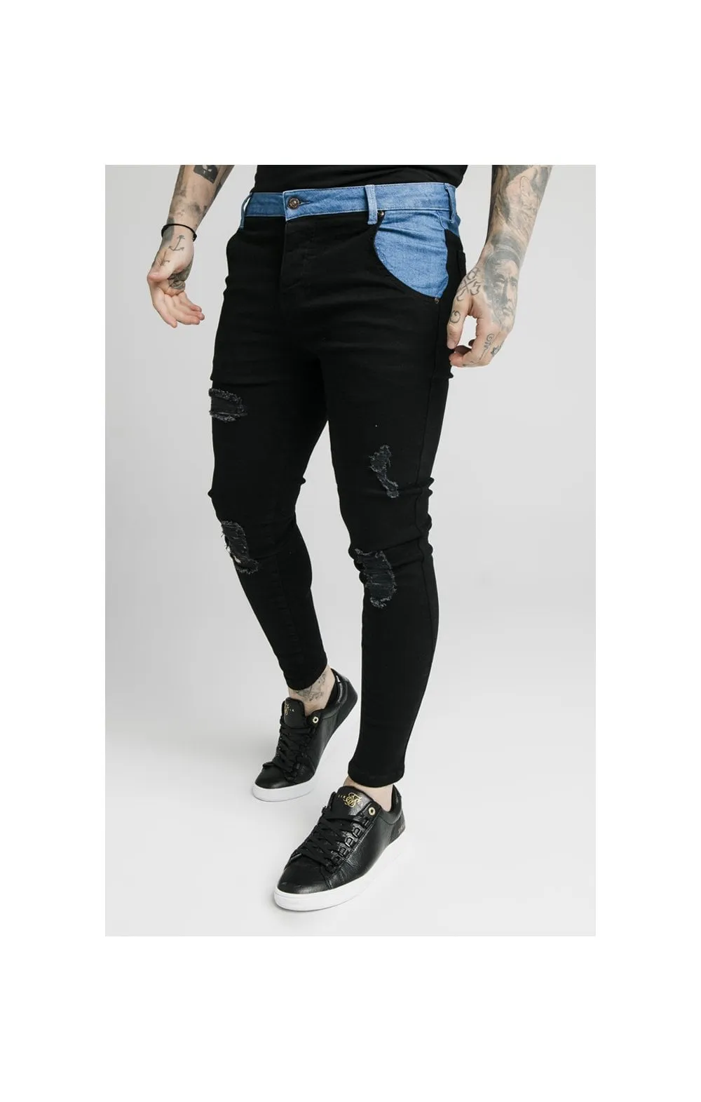 SikSilk Contrast Distressed Skinny Jeans - Washed Black & Midstone sold by Siksilk