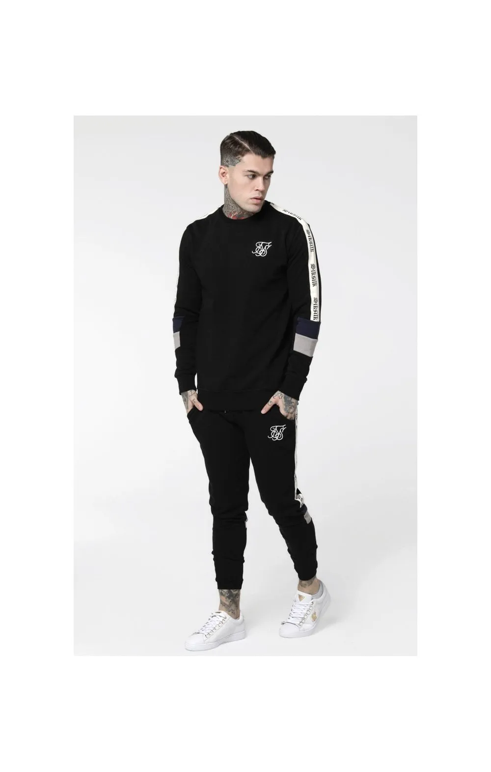 SikSilk Retro Panel Tape Crew Sweater - Black,Grey & Navy sold by Siksilk product image thumbnail 4