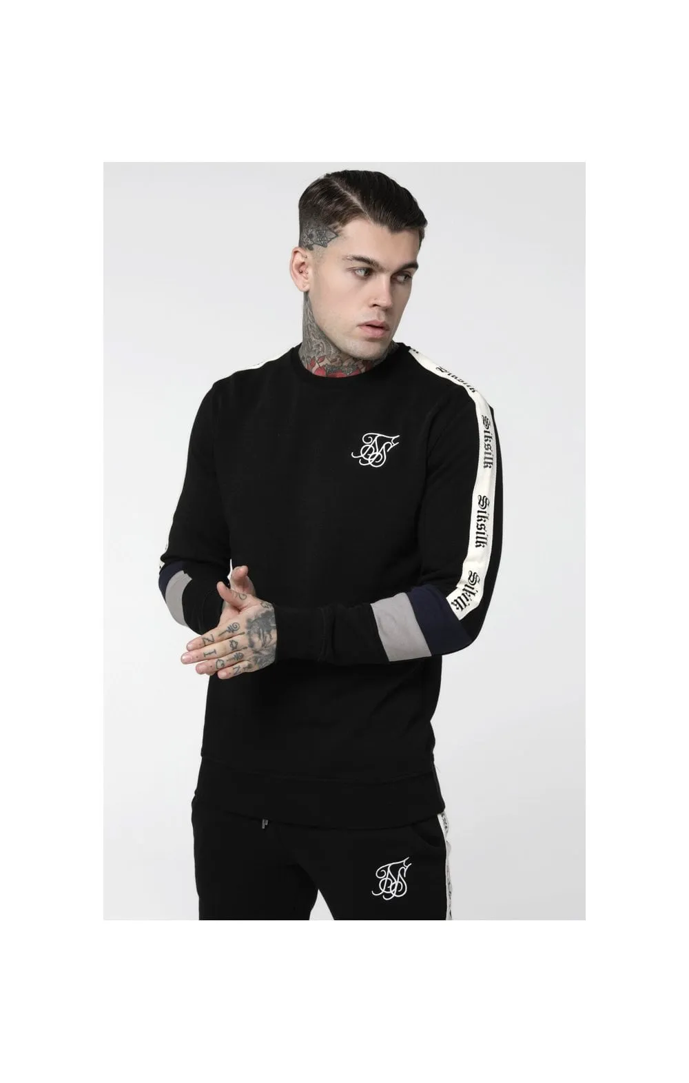 SikSilk Retro Panel Tape Crew Sweater - Black,Grey & Navy sold by Siksilk