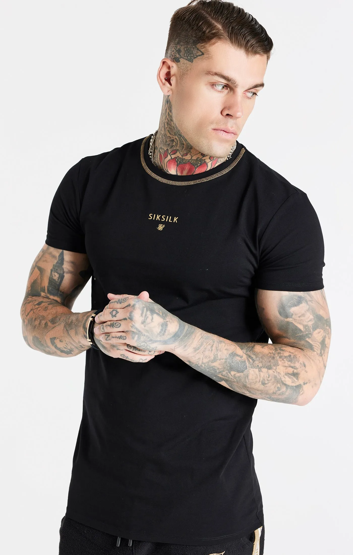 Black Cover Stitch Muscle Fit T-Shirt sold by Siksilk
