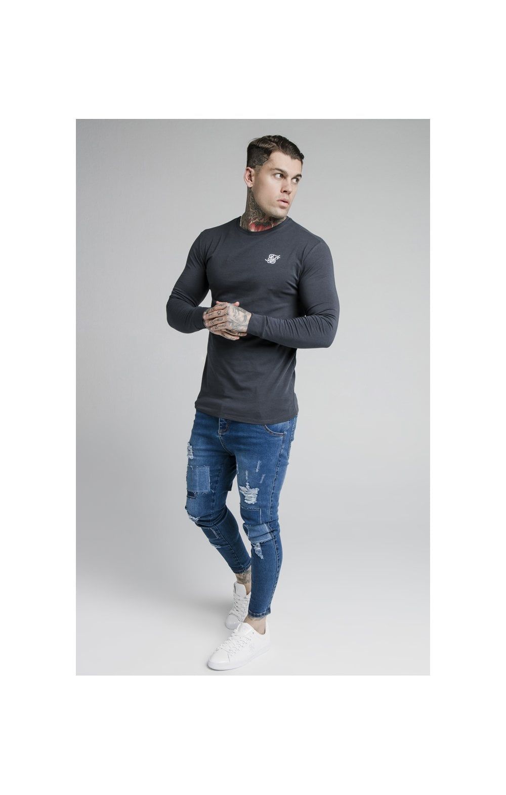 Navy Essential Long Sleeve Muscle Fit T-Shirt sold by Siksilk product image thumbnail 4