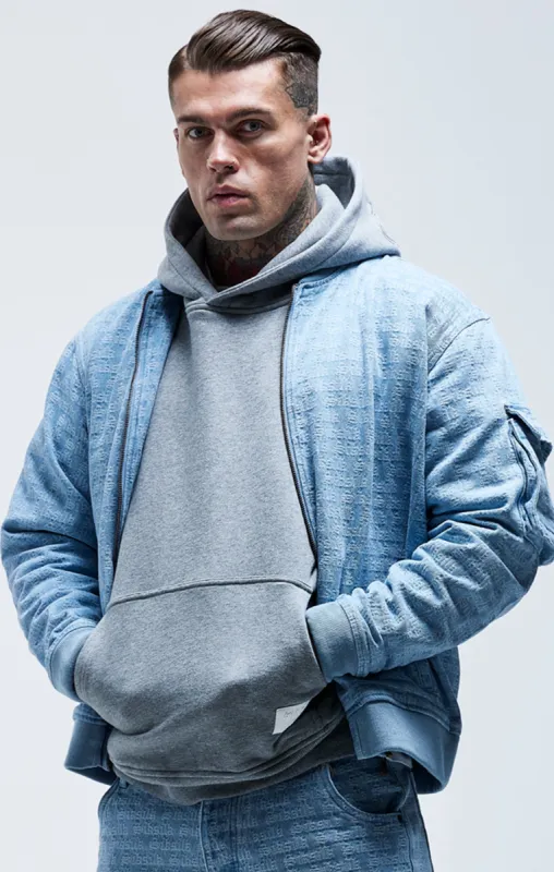 Blue Jacquard Denim Bomber Jacket sold by Siksilk