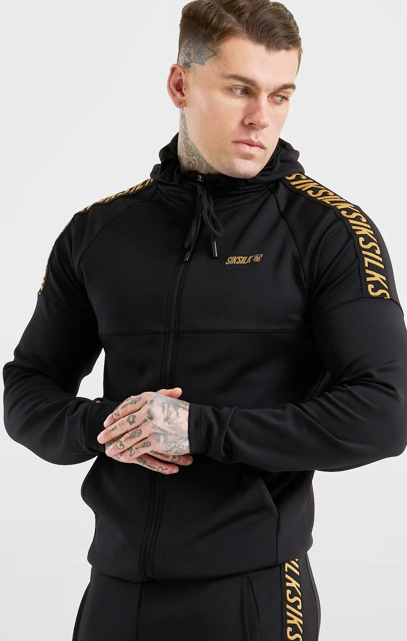 Black Sports Zip Through Tape Hoodie sold by Siksilk