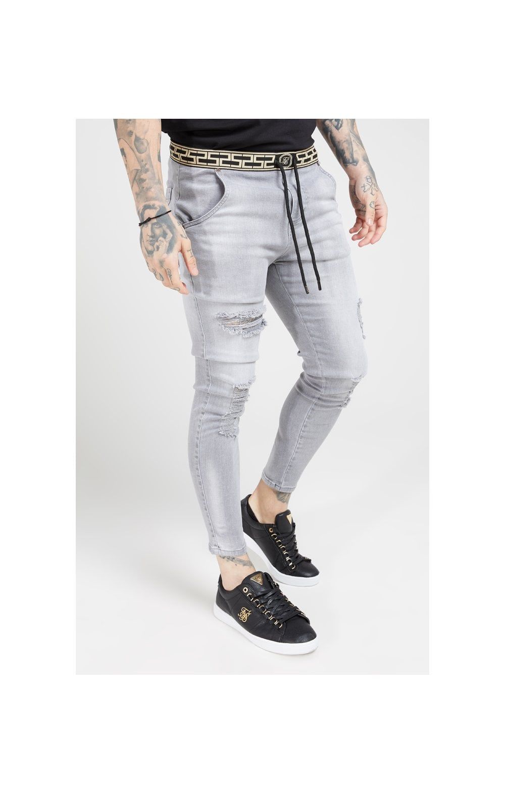 SikSilk Elasticated Waist Skinny Distressed Jeans – Washed Grey sold by Siksilk