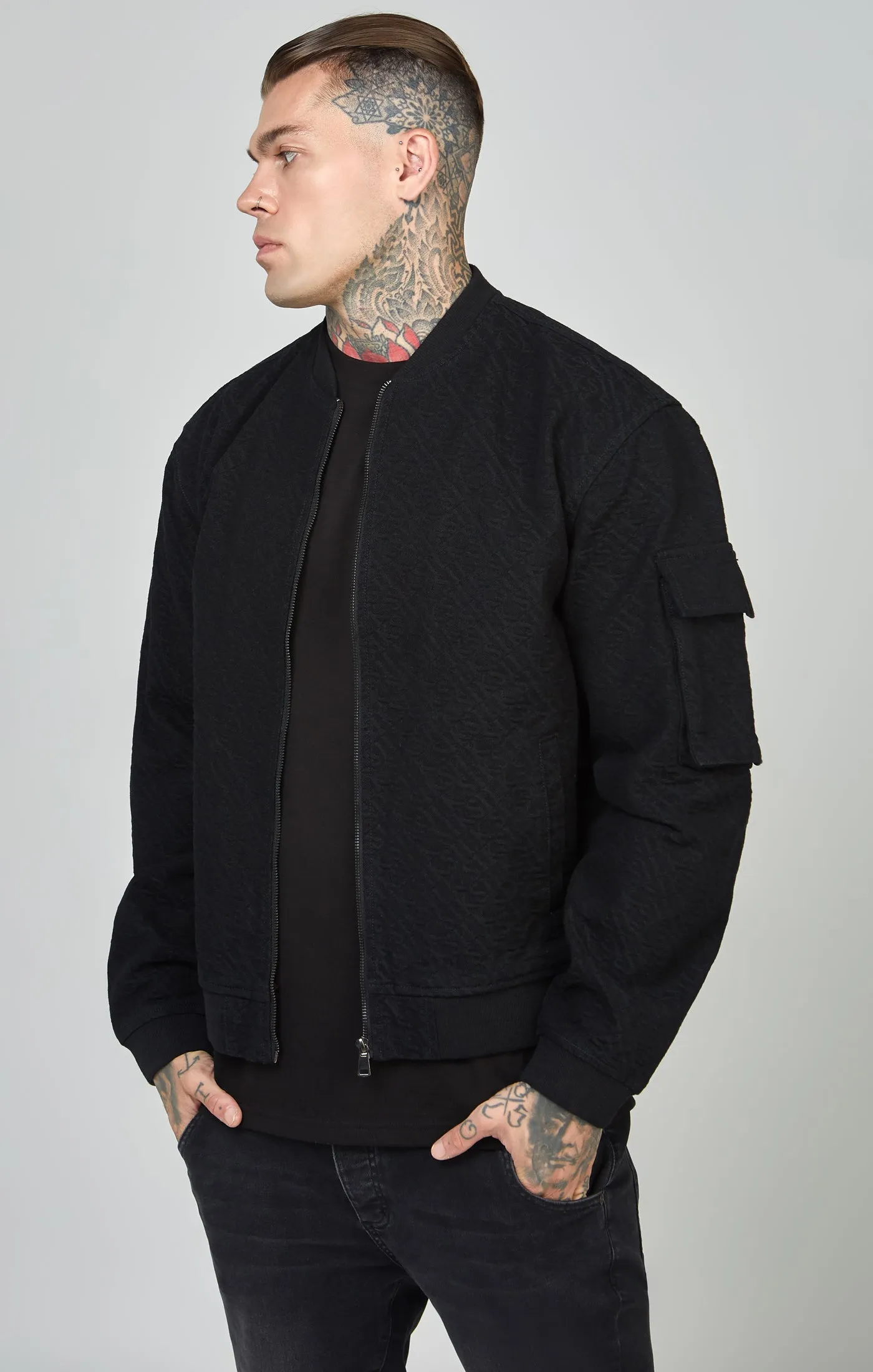 Black Repeat Logo Denim Bomber Jacket sold by Siksilk product image thumbnail 4