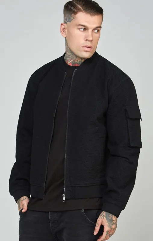 Black Repeat Logo Denim Bomber Jacket made by Siksilk