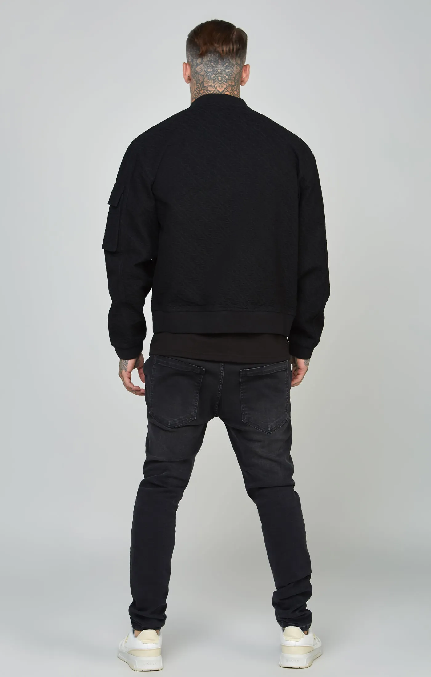 Black Repeat Logo Denim Bomber Jacket sold by Siksilk product image thumbnail 5