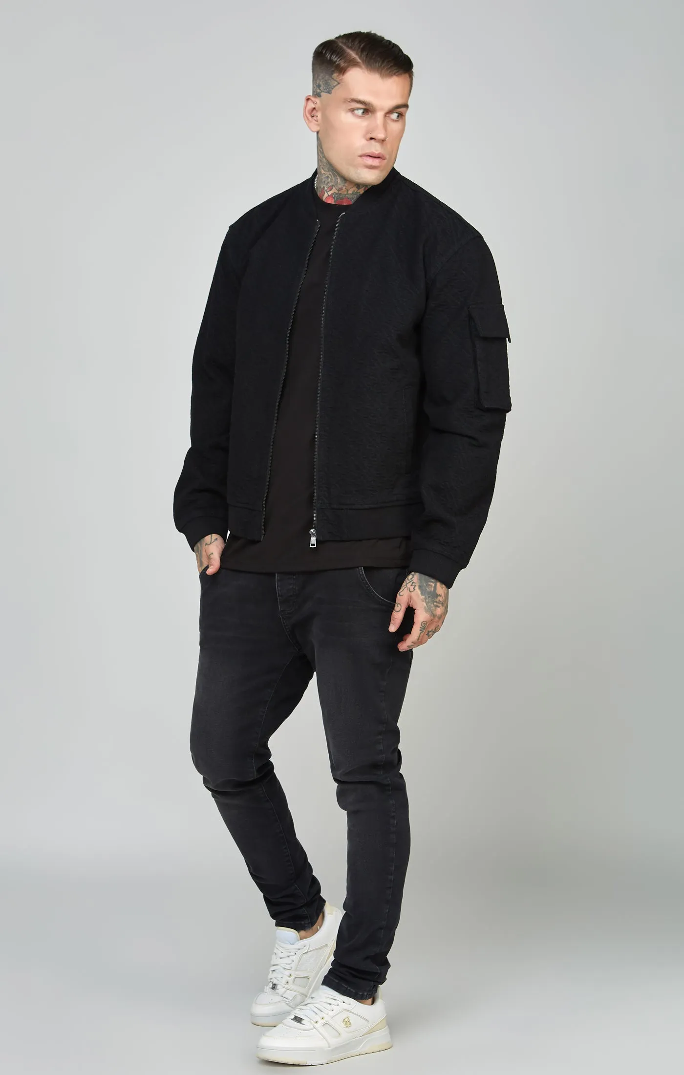 Black Repeat Logo Denim Bomber Jacket sold by Siksilk product image thumbnail 3