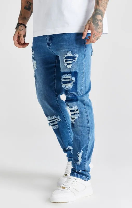 Blue Patchwork Distressed Slim Denim Jean sold by Siksilk