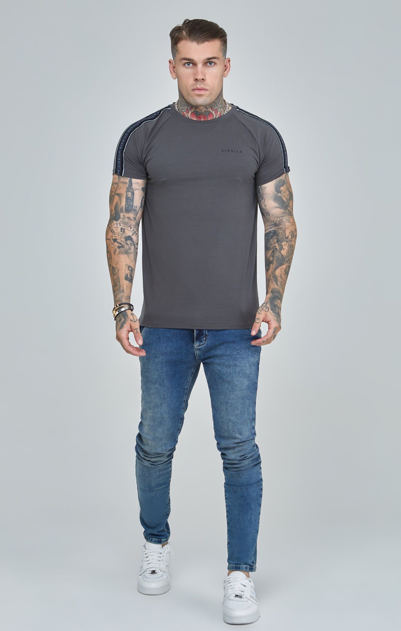 Dark Grey Raglan Tape Muscle Fit T-Shirt sold by Siksilk product image thumbnail 2