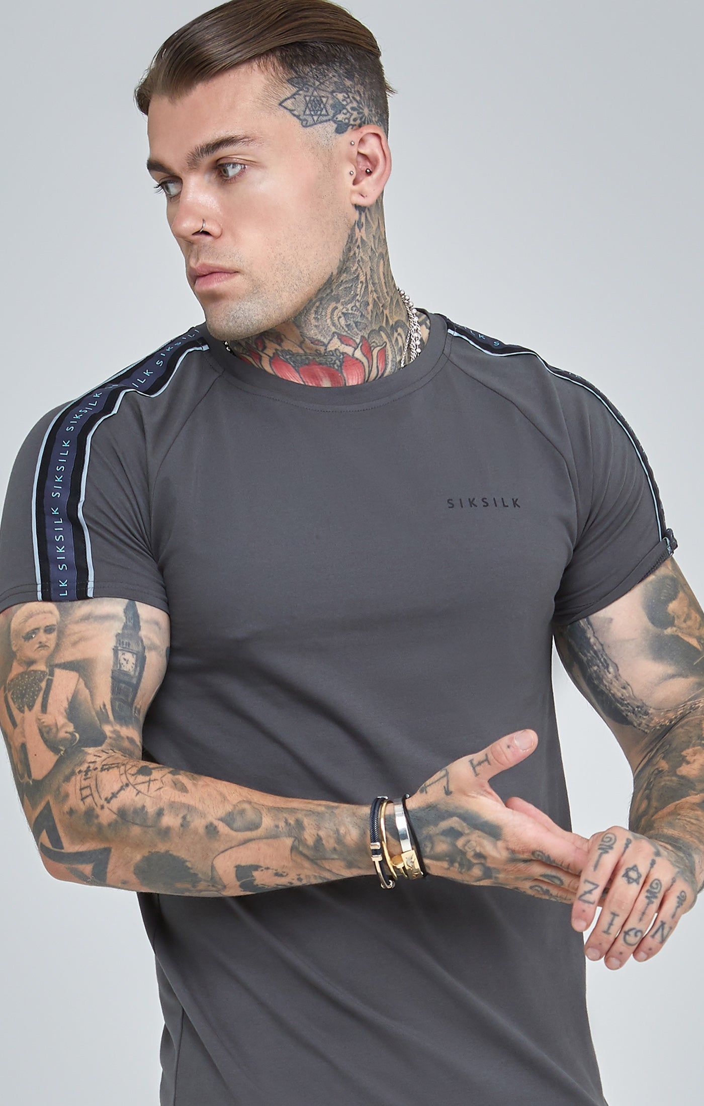 Dark Grey Raglan Tape Muscle Fit T-Shirt sold by Siksilk