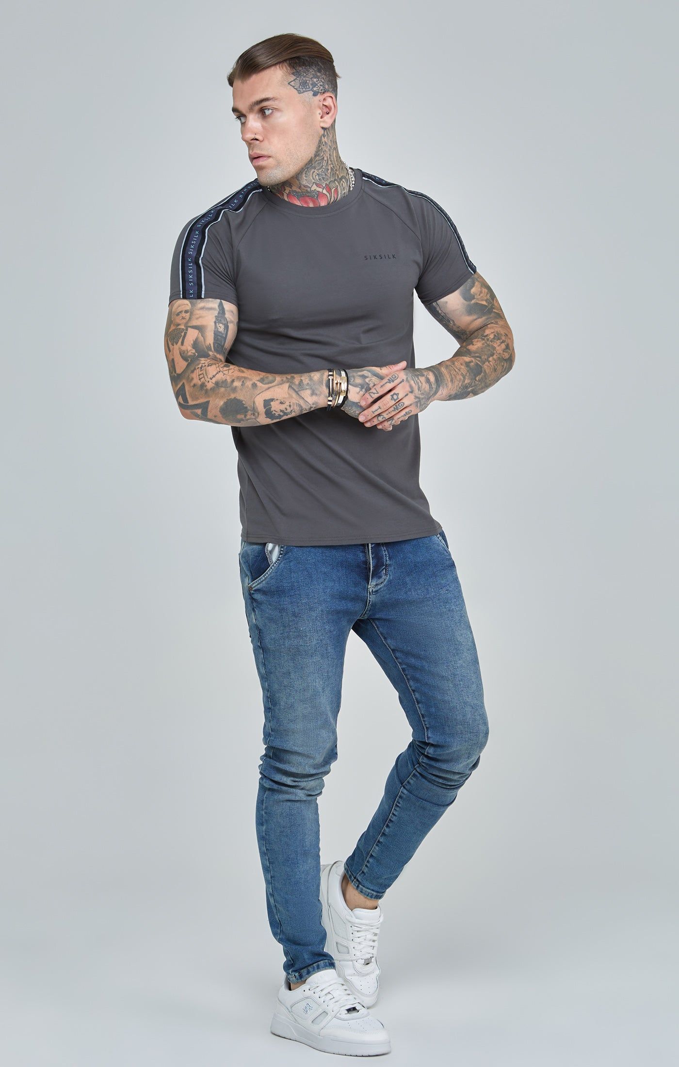 Dark Grey Raglan Tape Muscle Fit T-Shirt sold by Siksilk product image thumbnail 4