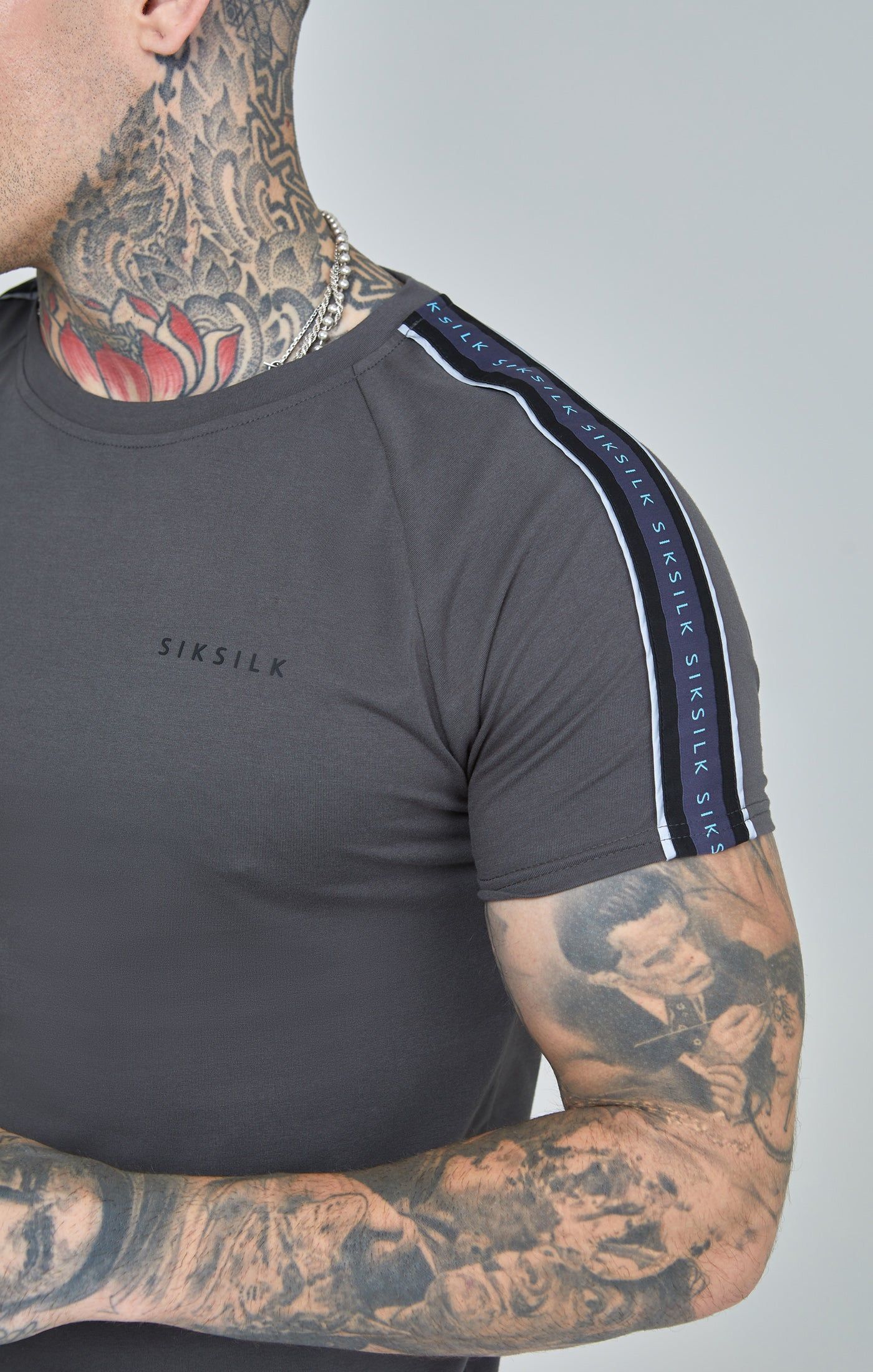 Dark Grey Raglan Tape Muscle Fit T-Shirt sold by Siksilk product image thumbnail 3