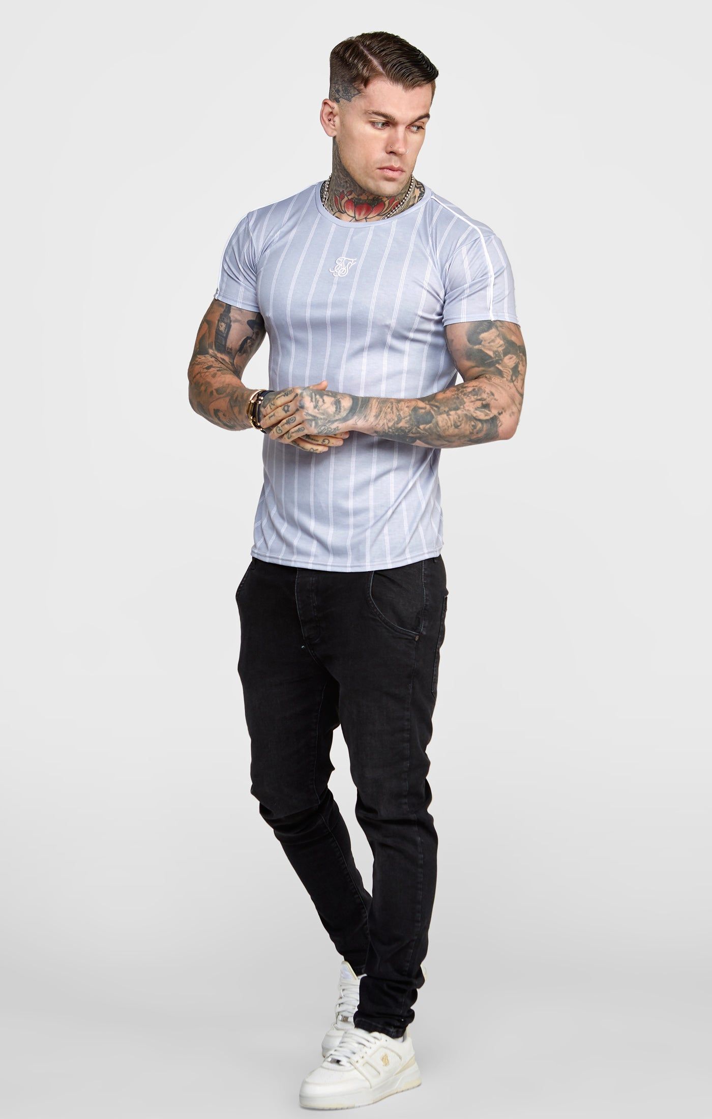 Grey Striped Muscle Fit T-Shirt sold by Siksilk product image thumbnail 3