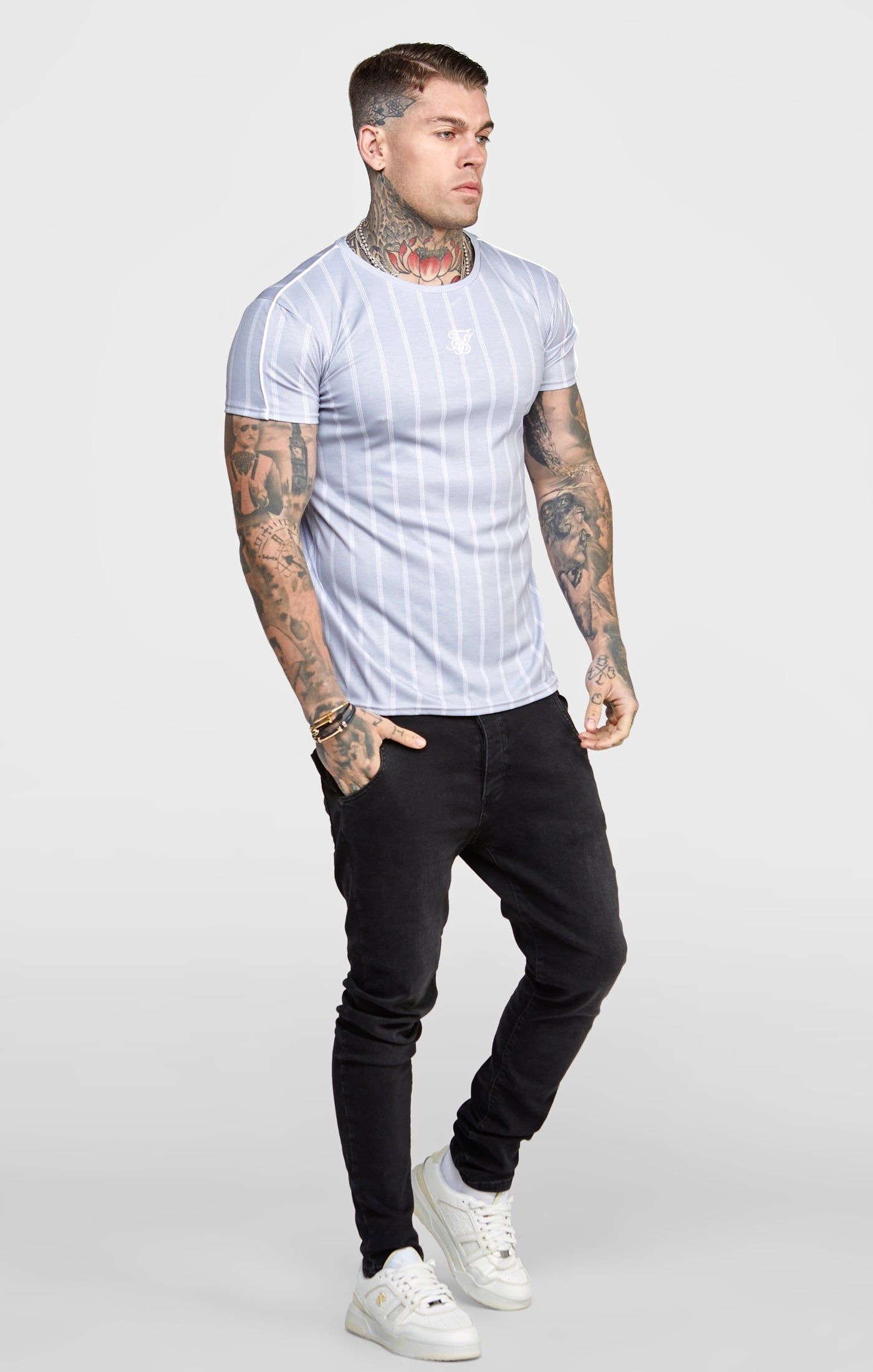 Grey Striped Muscle Fit T-Shirt sold by Siksilk product image thumbnail 4
