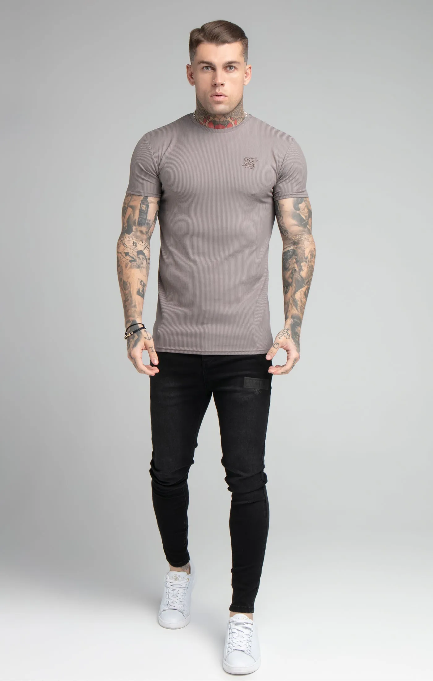 Grey Rib Raglan Muscle Fit T-Shirt sold by Siksilk product image thumbnail 3