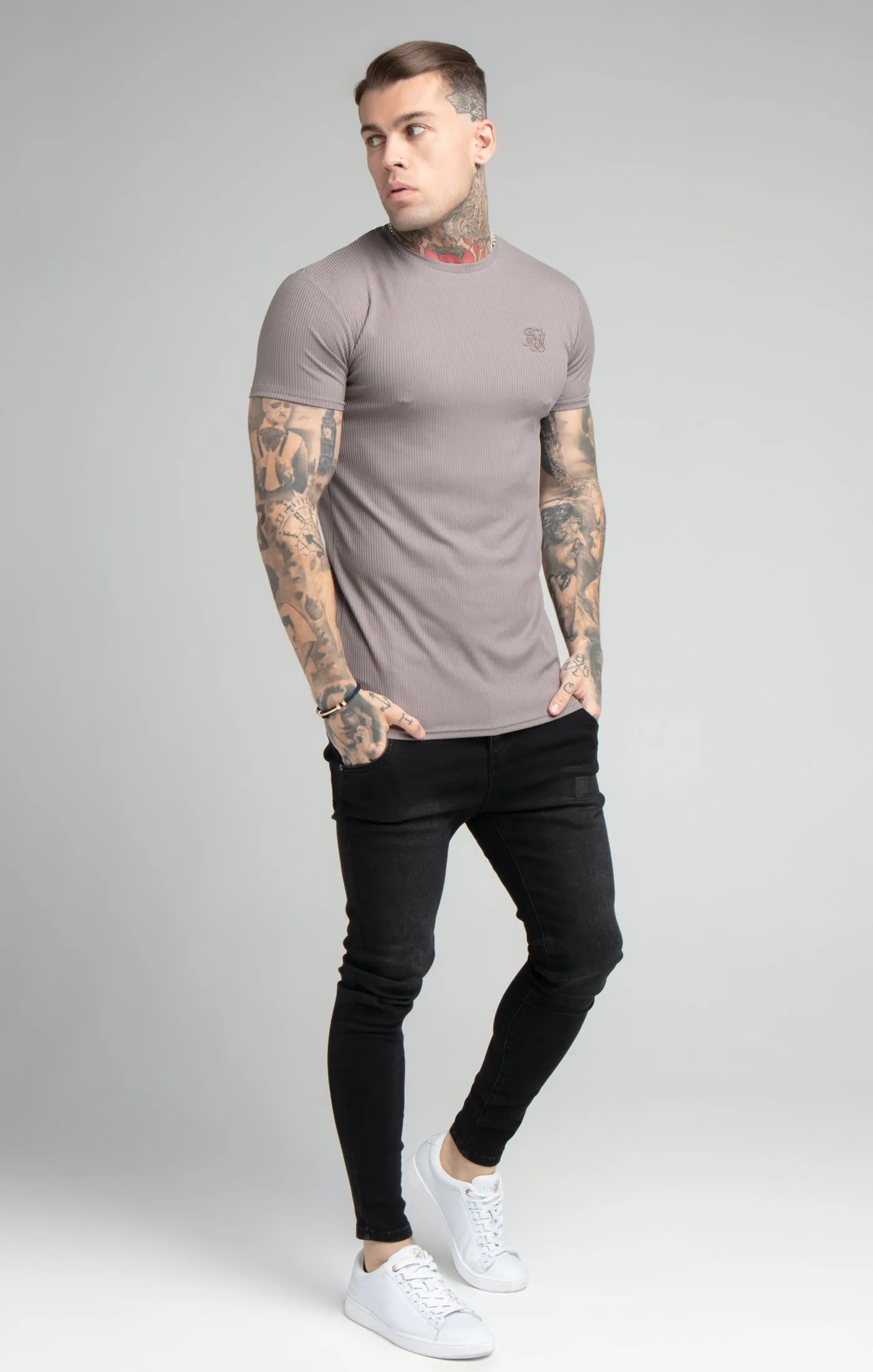 Grey Rib Raglan Muscle Fit T-Shirt sold by Siksilk product image thumbnail 4