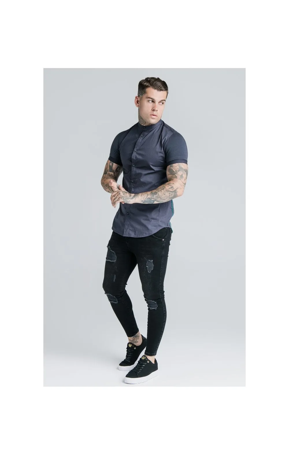 Navy S/S Fade Piping Grandad Shirt sold by Siksilk product image thumbnail 4