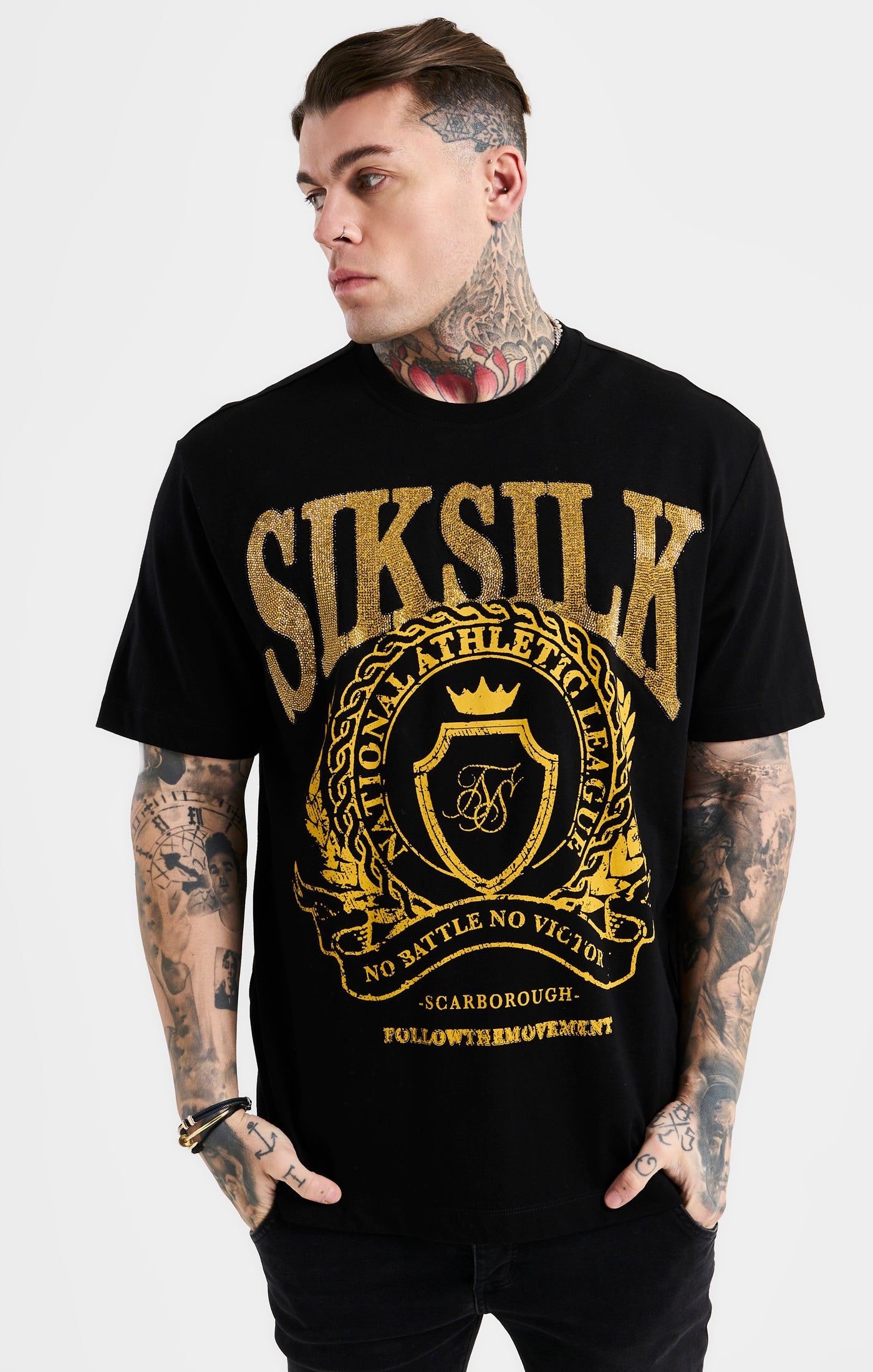 SikSilk Oversized Rhinestone Varsity T-Shirt - Black & Gold sold by Siksilk
