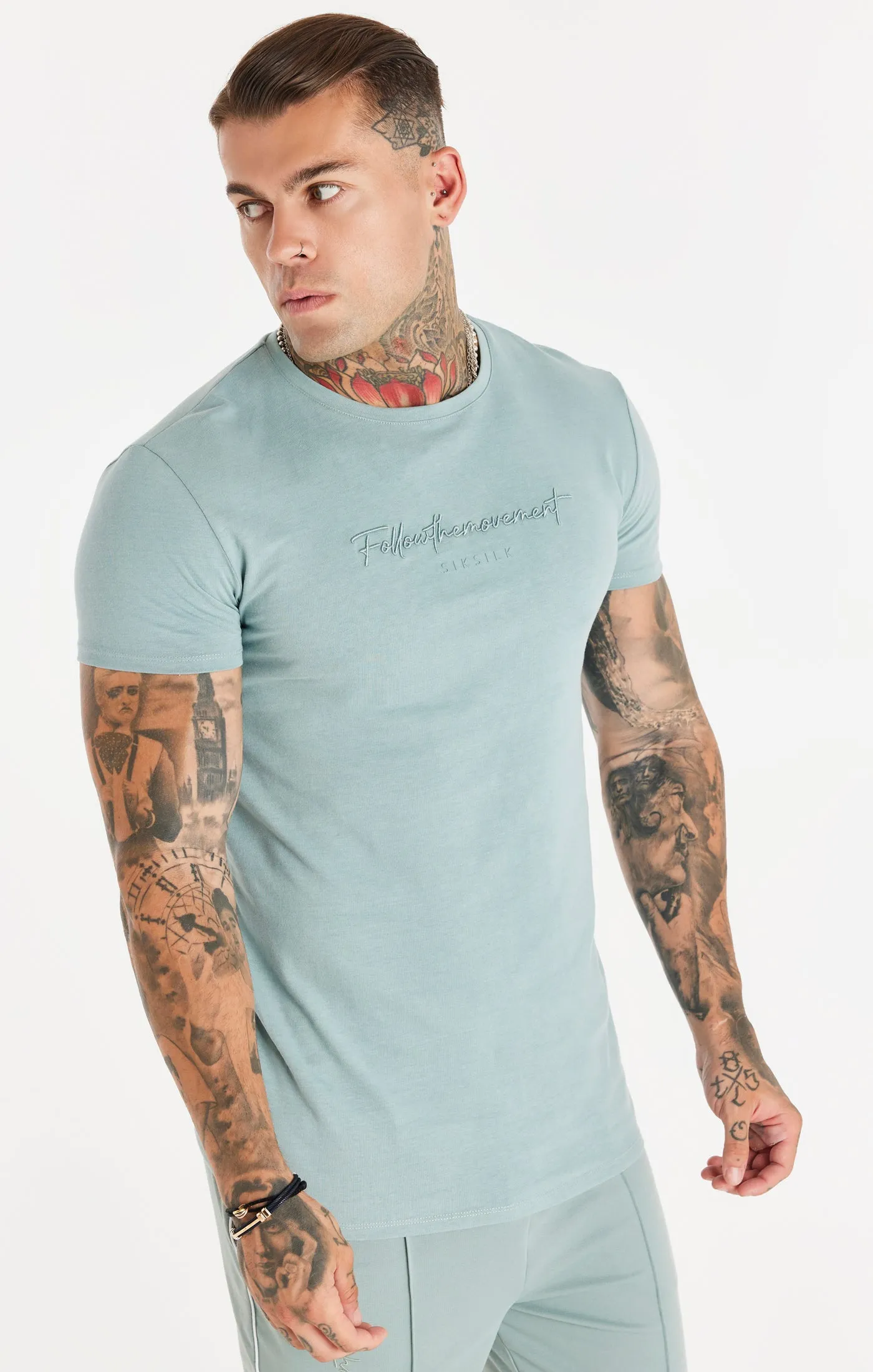 Teal Script Embroidery Muscle Fit T-Shirt sold by Siksilk