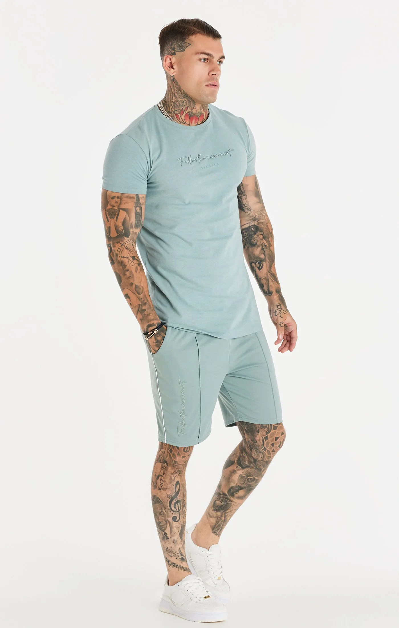 Teal Script Embroidery Muscle Fit T-Shirt sold by Siksilk product image thumbnail 3