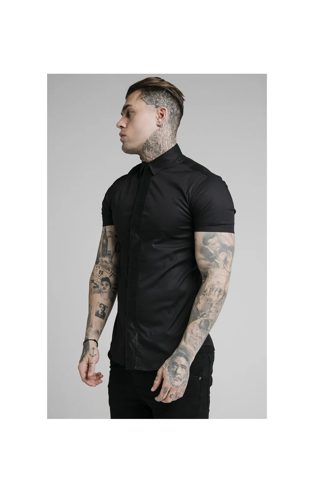 SikSilk S/S Woven Tape Placket Shirt - Black sold by Siksilk product image thumbnail 3
