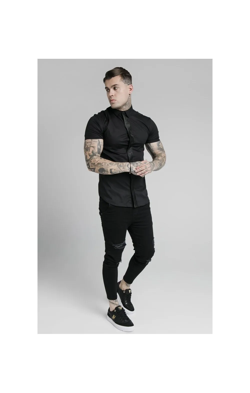 SikSilk S/S Woven Tape Placket Shirt - Black sold by Siksilk