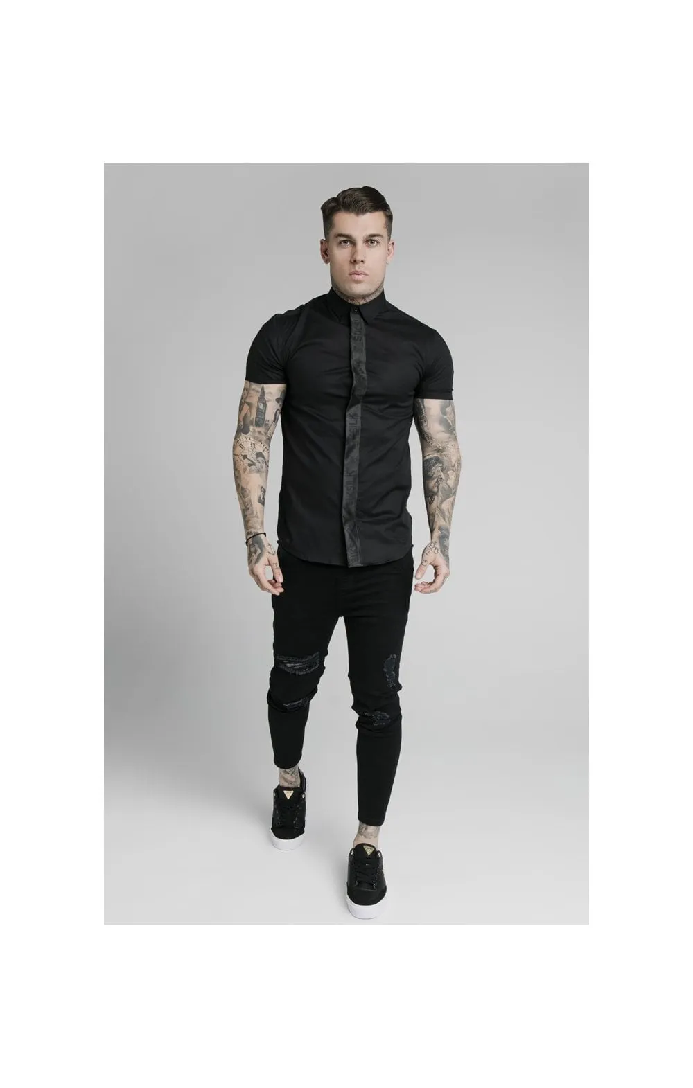 SikSilk S/S Woven Tape Placket Shirt - Black sold by Siksilk product image thumbnail 5