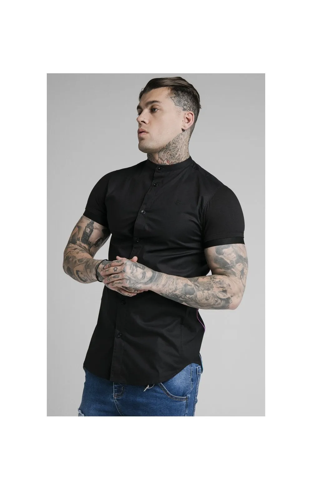 SikSilk S/S Fade Grandad Shirt - Black & Neon Fade sold by Siksilk