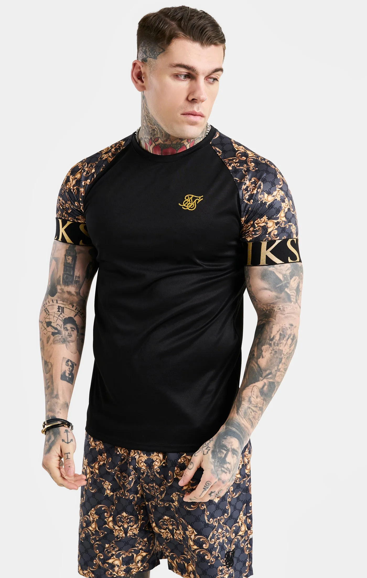 Black Venetian Print Elastic Cuff Raglan T-Shirt sold by Siksilk