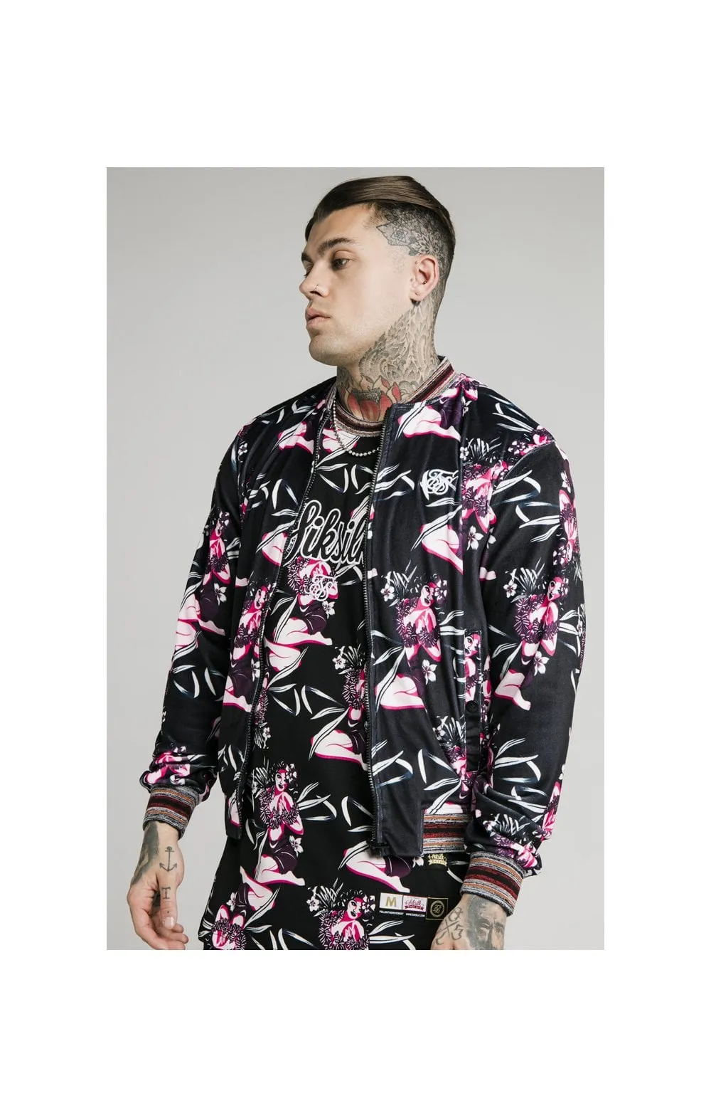 SikSilk Velour Tropics Bomber - Black & Tropics sold by Siksilk