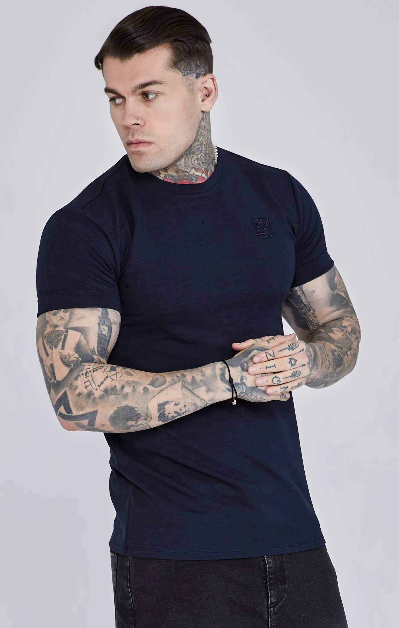 Navy Roll Sleeve T-Shirt sold by Siksilk