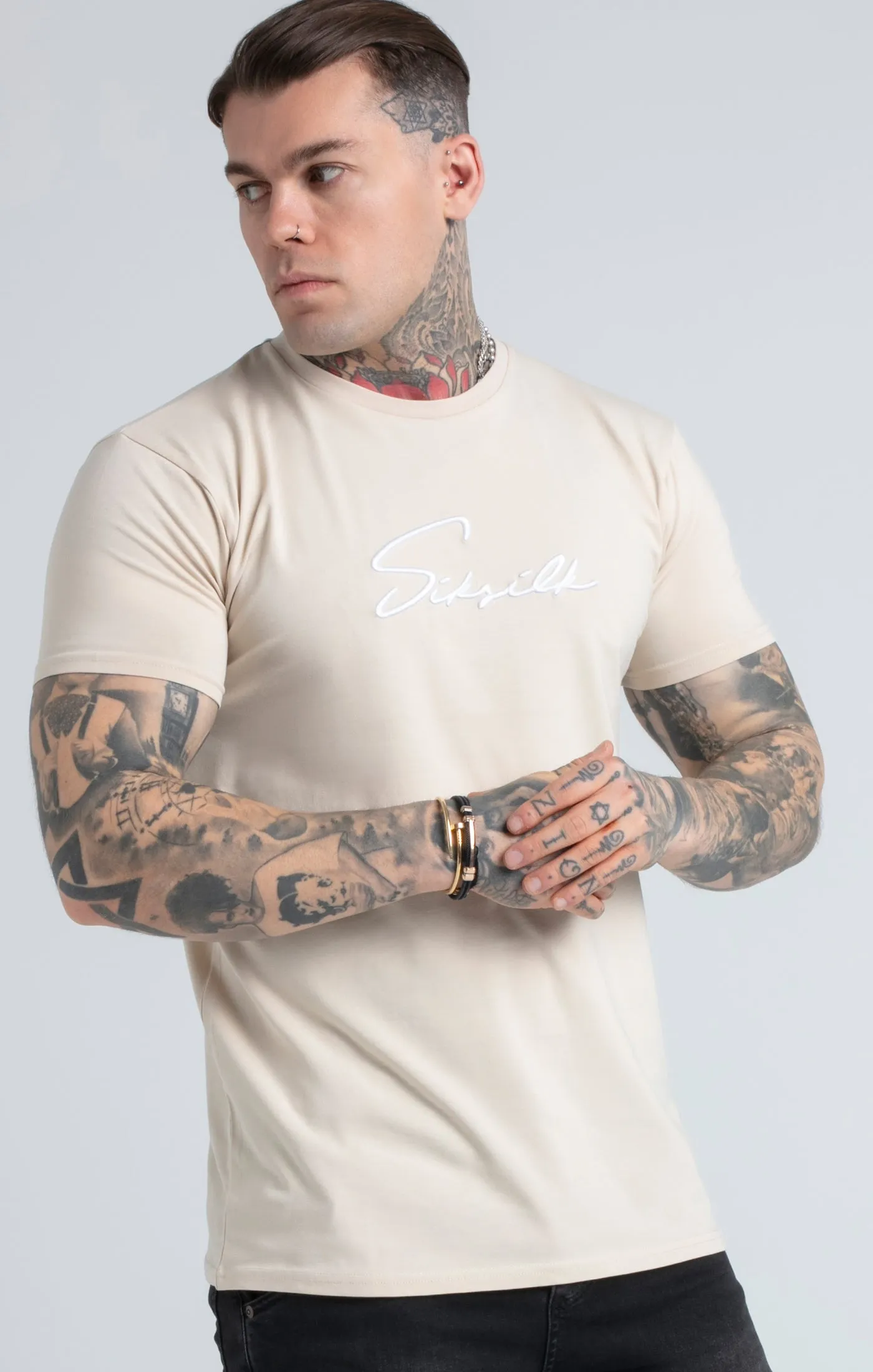 Stone Embroidered Script Muscle Fit T-Shirt sold by Siksilk