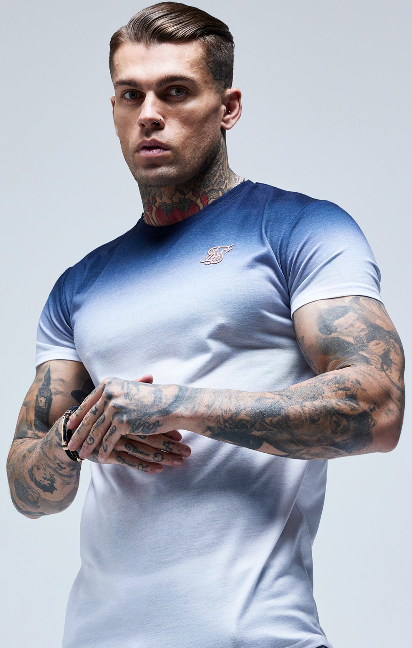 Navy Fade Muscle Fit T-Shirt sold by Siksilk