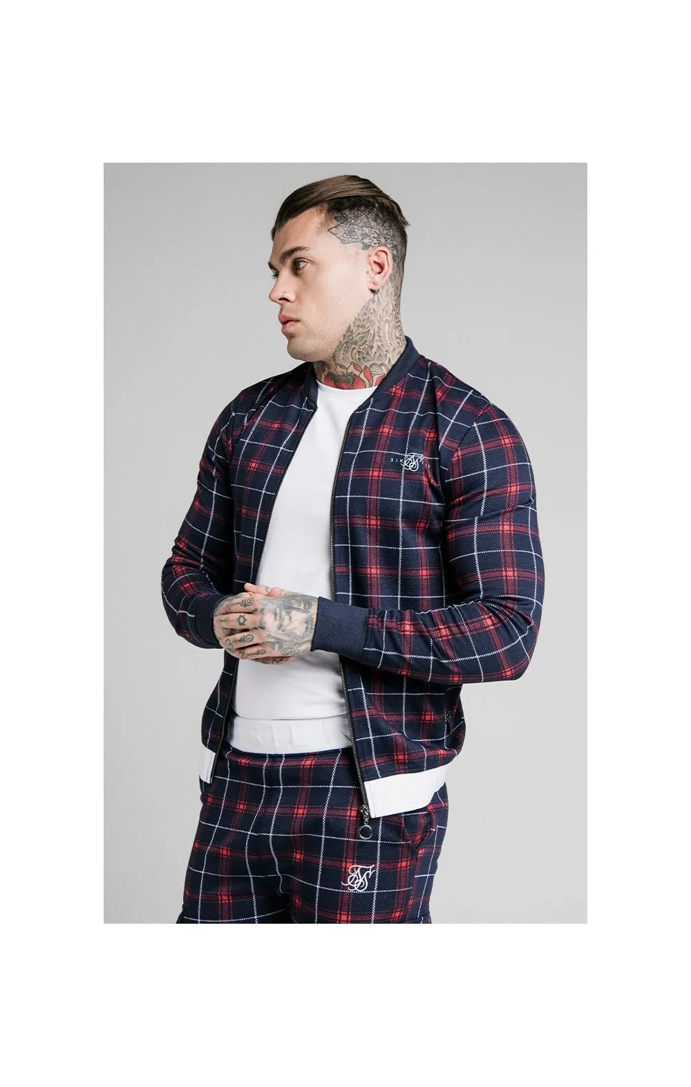 SikSilk Jacquard Check Bomber Jacket – Navy sold by Siksilk