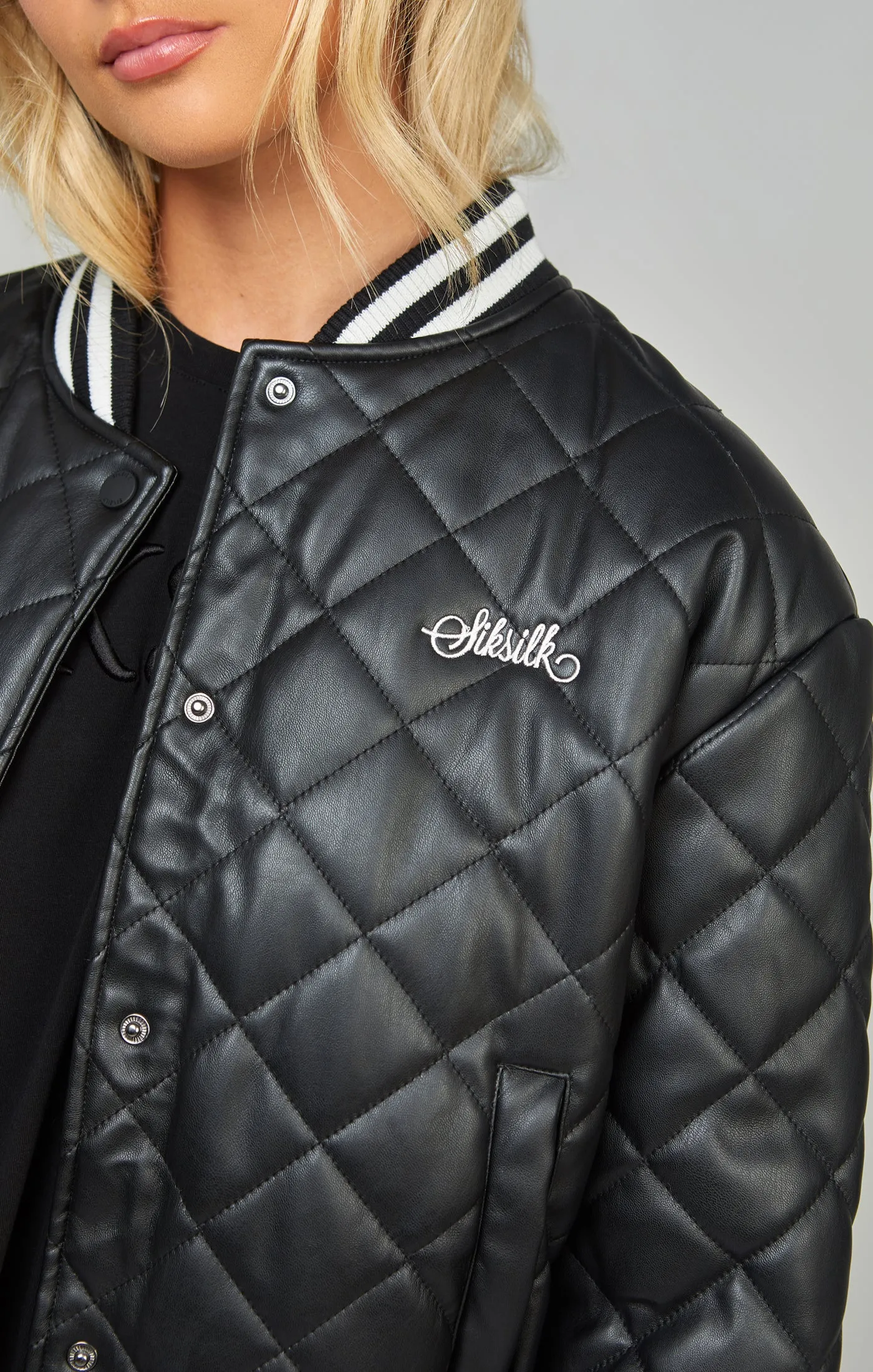 Black Pu Quilted Varsity Jacket sold by Siksilk product image thumbnail 4