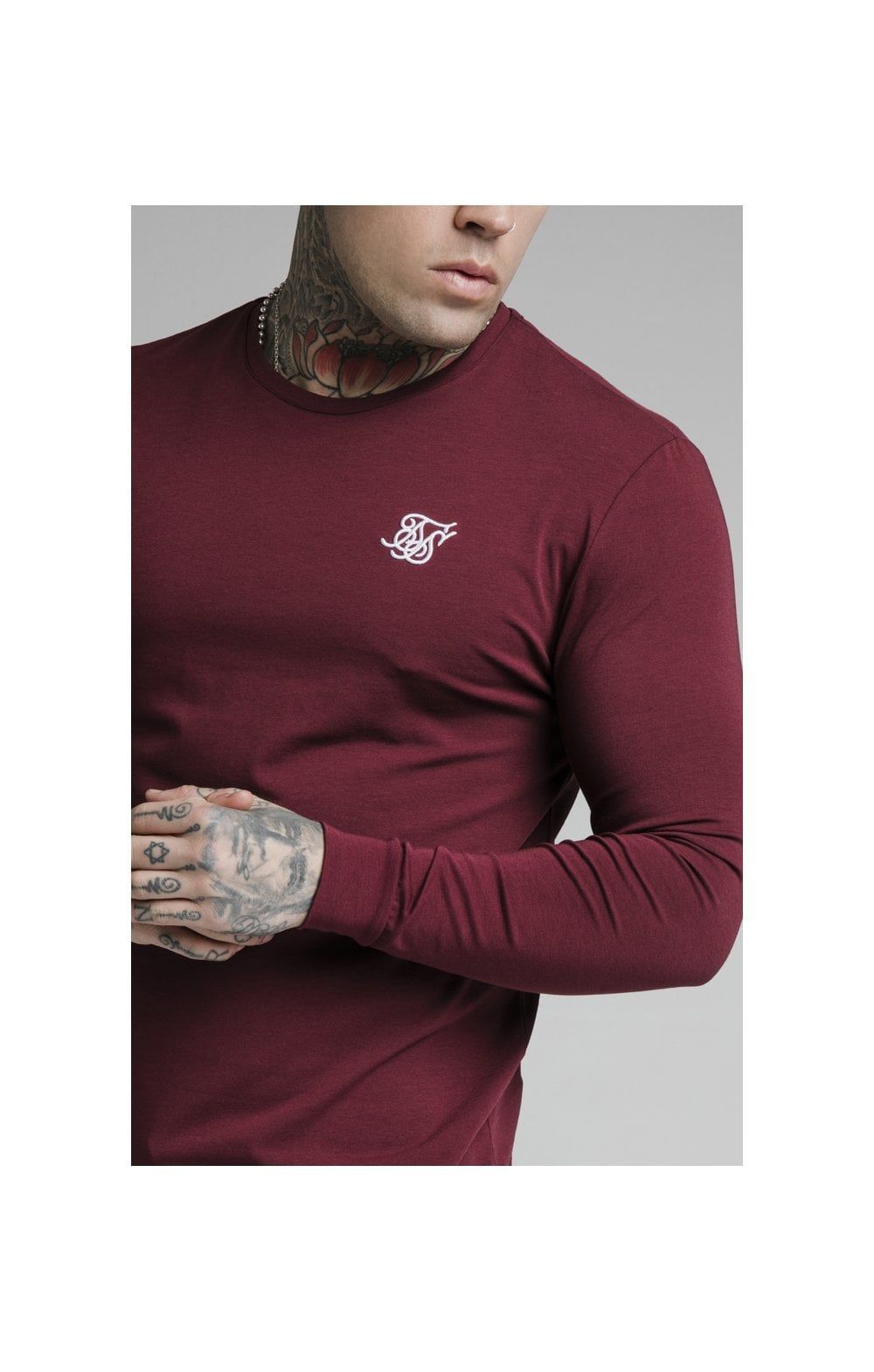 Burgundy Essential Long Sleeve Muscle Fit T-Shirt sold by Siksilk product image thumbnail 3