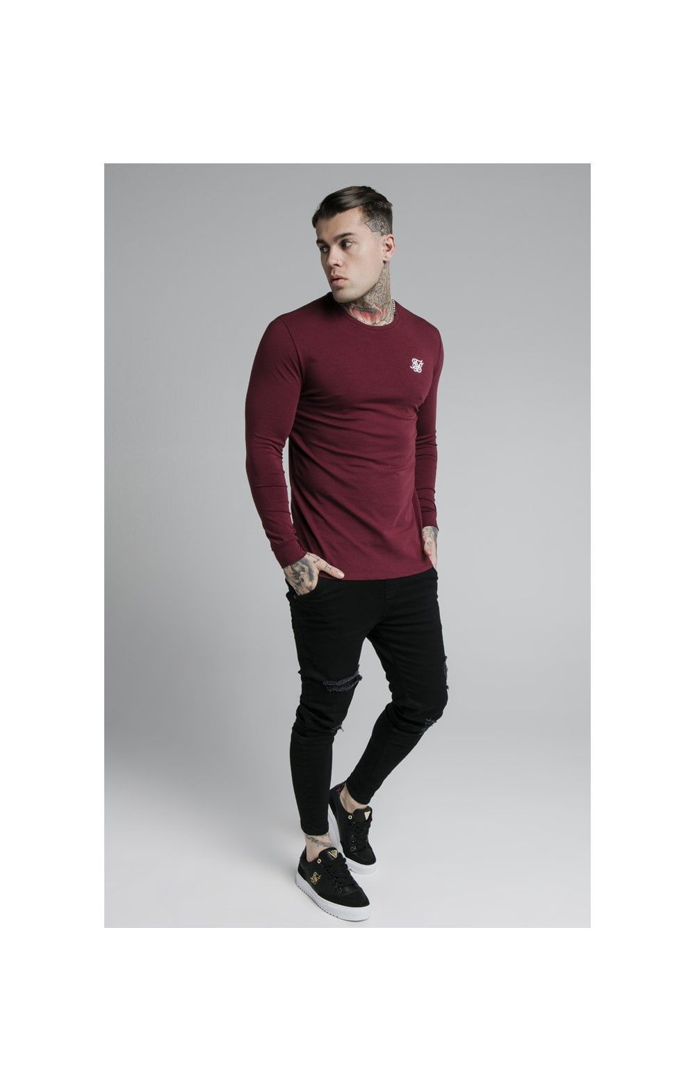 Burgundy Essential Long Sleeve Muscle Fit T-Shirt sold by Siksilk product image thumbnail 4