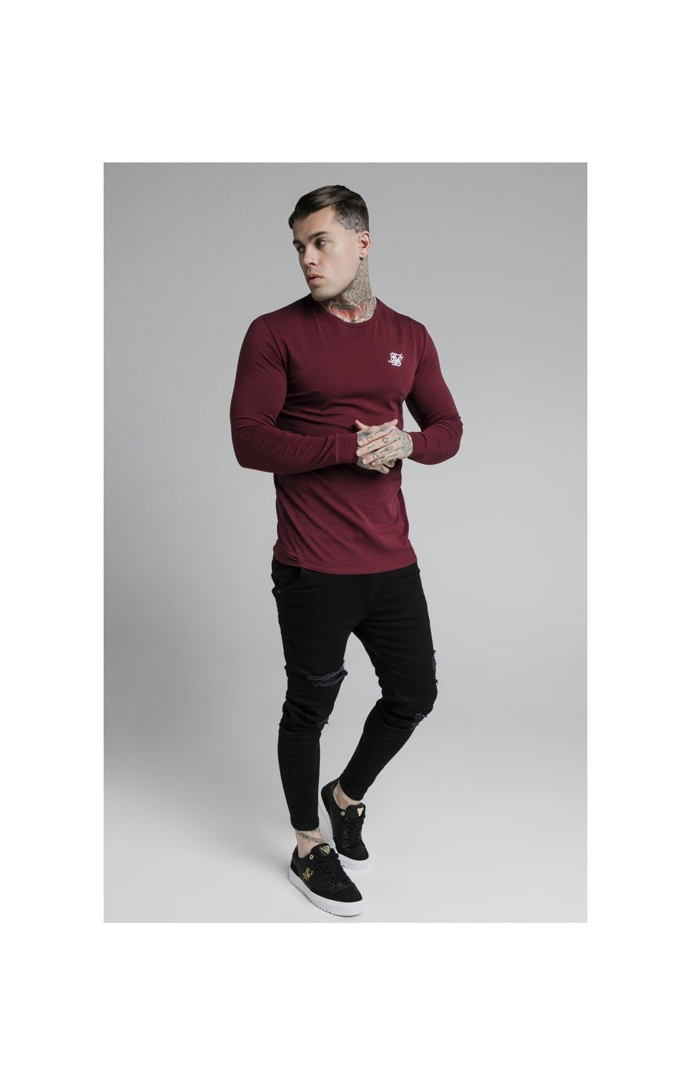 Burgundy Essential Long Sleeve Muscle Fit T-Shirt sold by Siksilk product image thumbnail 5