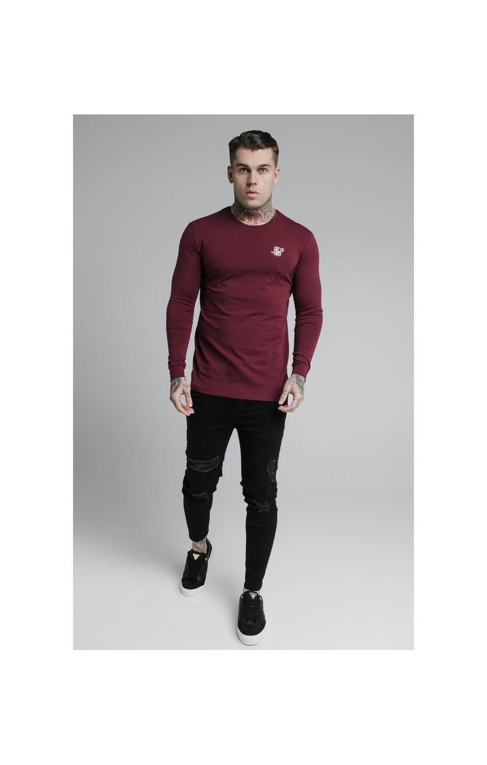 Burgundy Essential Long Sleeve Muscle Fit T-Shirt sold by Siksilk product image thumbnail 2