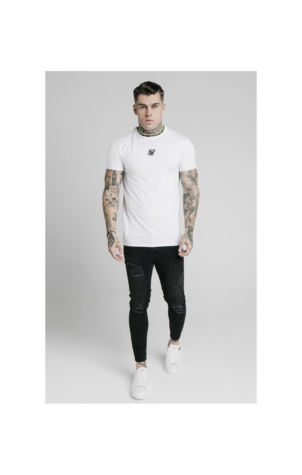 SikSilk Straight Hem Tape Collar Gym Tee - White sold by Siksilk