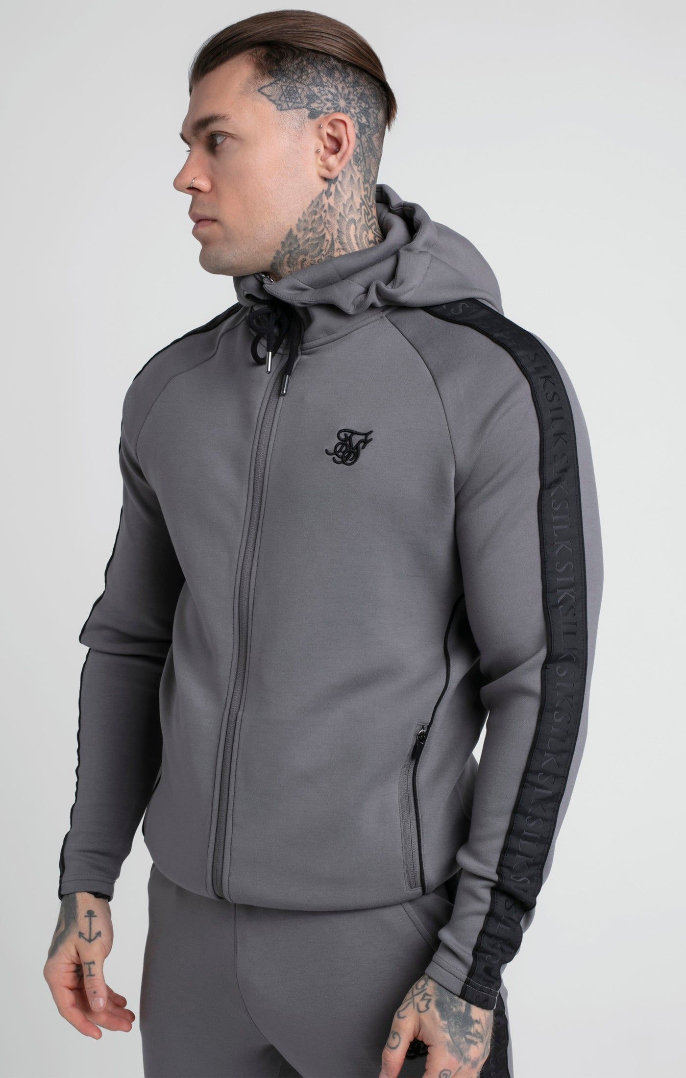 Grey Taped Zip Thru Hoodie & Jogger Set sold by Siksilk product image thumbnail 3