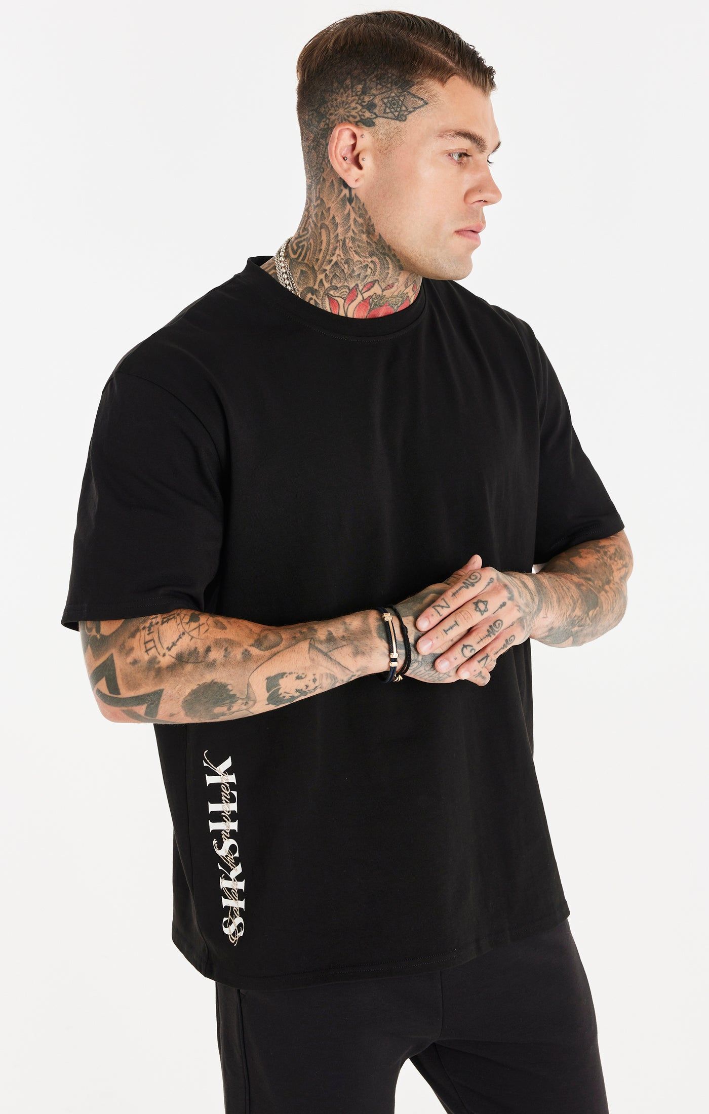 Black Dual Script Oversized Tee sold by Siksilk