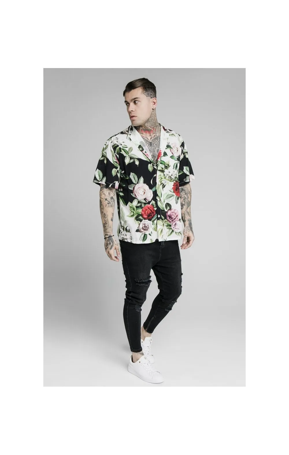 SikSilk Floral Pixel High Collar Resort Shirt - Black & Floral Pixel sold by Siksilk product image thumbnail 5
